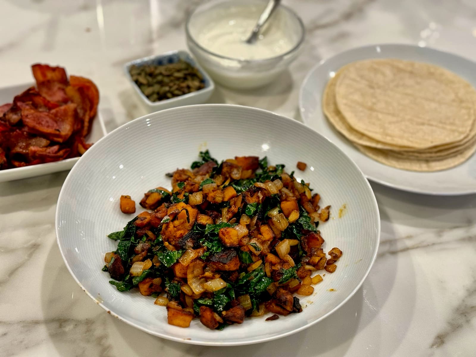 Butternut Squash, Kale, and Bacon tacos