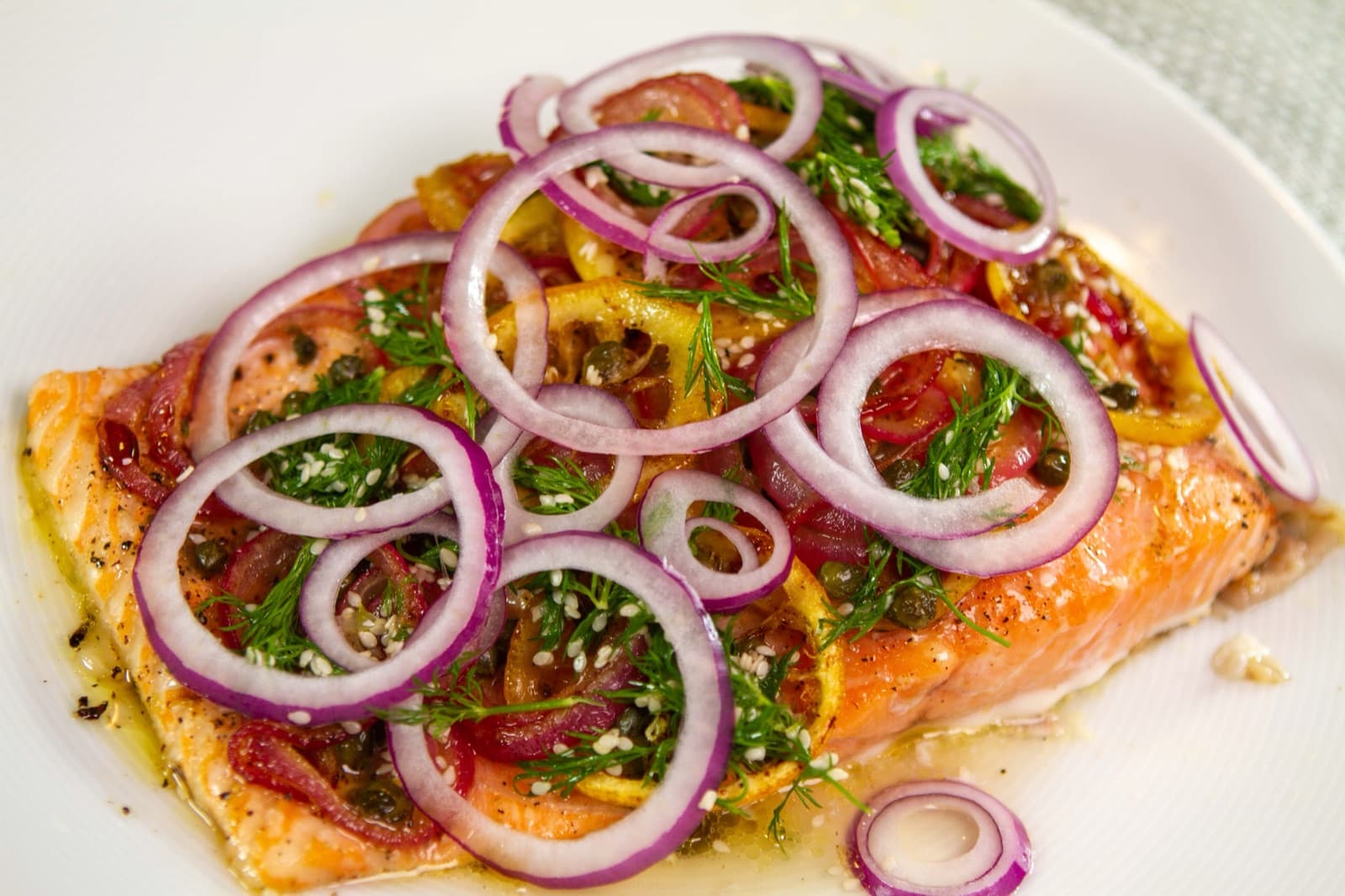 Roasted Salmon with Lemon, Onion, and Capers